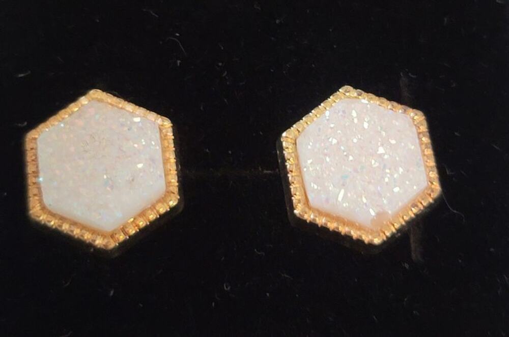 White Druzy Earrings Post Back Gold Framed Hexagon NEW